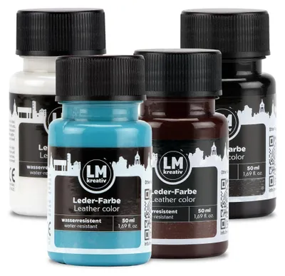 Produktbild von LM-Kreativ Lederfarben-Set 4 x 50 ml, Schwarz + Weiß + Braun + Hellblau – für Glattleder & Kunstleder, deckend & untereinander mischbar