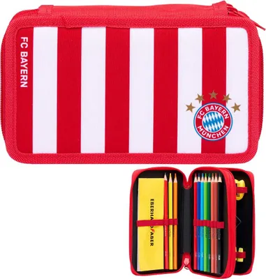 A red pencil case with white stripes and the FC Bayern München logo is shown open, revealing colored pencils and a yellow notepad.