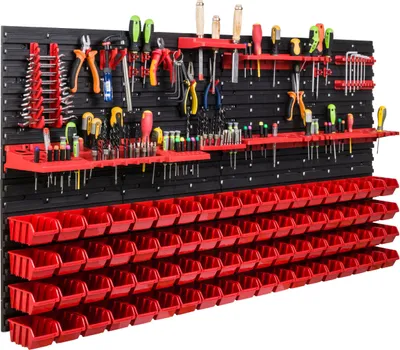 Obrázek produktu pro Skladovací systém Dílenské regály | 156 x 78 cm | 76 ks. Box | Nástěnný regál s držáky na nářadí a stohovatelnými boxy - Nástěnné desky Extra silné regály s přihrádkami Nástěnná deska s otvory pro nářadí Skladovací regál Garážový regál