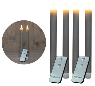 Produktbild von Stabkerzen LED mit Timer TAUPE GRAU 4 Stück indoor 6 Stunden - ECHTWACHS 23cm Höhe für Kerzen 2,2cm Durchmesser 2 AAA Batterien notwendig LED Stabkerzen flackernde Flamme bewegliche Flamme Licht