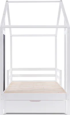 Produktbild von Kinderbett mit Lattenrost und 2 Schubladen, 90x200 cm, Hausbett mit Rausfallschutz, Holzbett aus Kiefer, Einzelbett, Jugendbett, Stauraumbett
