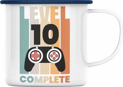 Produktbild von Trendation - 10. Geburtstag Jungen Jungs Emaille Tasse 10er Gamer Kinder 10. Level Zocker Geschenkidee (Blau)