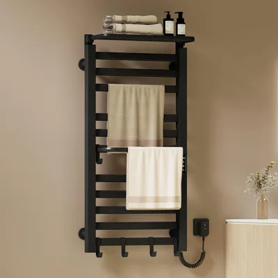 Zdjęcie produktu dla EMKE Grzejnik łazienkowy elektryczny 1000x500 mm, 280W, dwurzędowy, płaskie rurki, półka i haki, WiFi Tuya Alexa, czarny mat