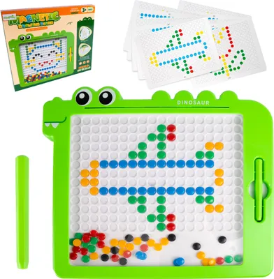 Produktbild von MalPlay Magnettafel Kinder Mosaikperlen, Dinosaurier-Puzzlevorlagen, 20 verschiedene Schablonen, 100 bunte Perlen, 46,5x28 cm
