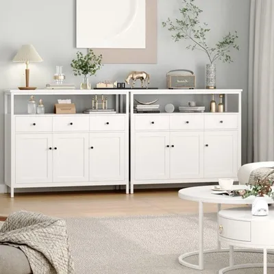 Immagine prodotto di Comodino - 108x38x98,5 cm - tre cassetti e ante - mobile contenitore per soggiorno - bianco