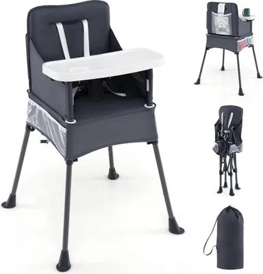 Image de Chaise haute pour bébé - Chaise haute pliable - Plateau réglable - Ceinture de sécurité - Sac de rangement - Sac de transport - 1 à 2 ans - Gris