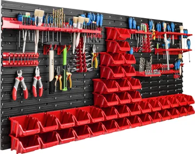 Image de Système de rangement Étagère d'atelier | 172 x 78 cm | 40 pièces Boîte | Étagère murale avec supports pour outils et boîtes empilables - Panneaux muraux Étagère à bacs extra-robuste Panneau perforé pour outils Étagère de rangement Étagère de garage