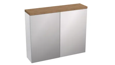 Obrázek produktu pro Závěsná skříňka OVO se zrcadlem, bílá lesklá, dub Craft, 80 x 65 x 20 cm, softclose, koupelnová skříňka, koupelna