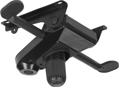 A black metal chair mechanism with two levers and a height adjustment knob is shown against a white background.