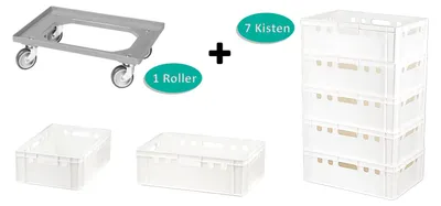 Produktbild von 7 Stück E2-Kasten weiß + 1 Transportroller mit vier Lenkrollen in grau