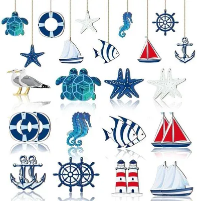 Image de Ensemble de décorations maritimes en bois, lot de 24