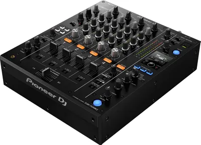 A black Pioneer DJ DJM-750MK2 mixer is shown from a slightly elevated diagonal angle against a black background.