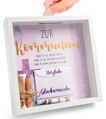 Produktbild von Personalisierte Verpackungen für Geldgeschenke (Kommunion), Bilderrahmen (Konfirmation) und Spardosen (Taufe), inklusive Einleger und Umschlag (Lila)