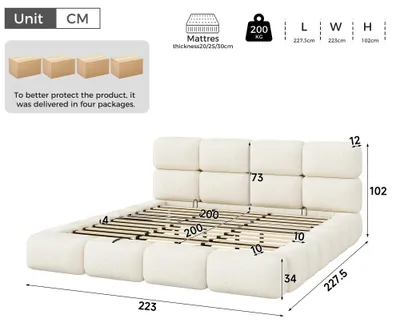 Obrázek produktu pro Polstrovaná dvoulůžková postel - rám postele s hydraulickým zvedacím mechanismem - rozměry 200 x 200 cm - velký úložný prostor pod postelí - čalouněná opěrka hlavy s texturou bouclé - bílá látka s texturou bouclé