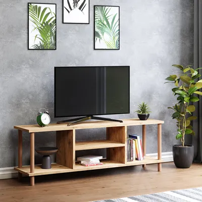 A modern living room setup with a TV stand, television, artwork, and plants.