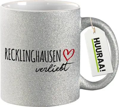 Produktbild von Huuraa Glitzertasse Recklinghausen verliebt 330ml Silber Keramik Kaffeebecher Geschenkidee