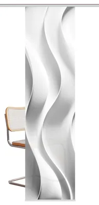 A sliding curtain with a wavy white pattern is shown next to a chair.