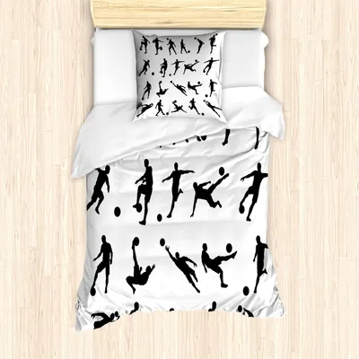 Produktbild von ABAKUHAUS Fußball Bettbezug Set, Fußball-Spieler-Silhouetten Torhüter Striker Shooting Heading Volleying Saving, 135 x 200 cm + 80 x 80 cm, Weiß Schwarz
