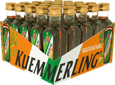 A display box of small Kümmerling liqueur bottles.