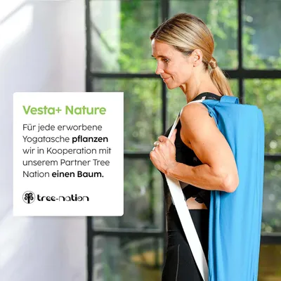Produktbild von Vesta+ Yoga Tasche für Yogamatte + Fitness App, Yogatasche aus Baumwolle, Yogamatte Tragetasche mit Tragegurt verstellbar, Die ökologische Yogamatte Tasche für das Plus in deinem Training