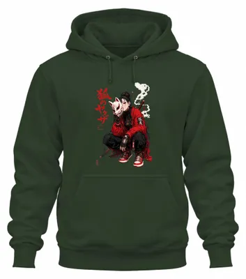 Produktbild von Kitsune no Yakuza Anime Girl Katana Japan Y2K Manga Style Hoodie Kapuzenpullover, Flaschengrün, M