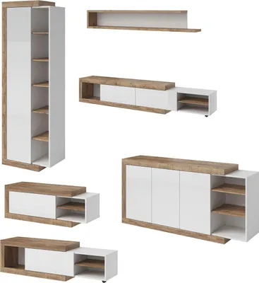 Produktbild von Wohnzimmer-Set Saragossa 5-teilig Anbauwand Grifflos weiß Hochglanz Samdal Eiche