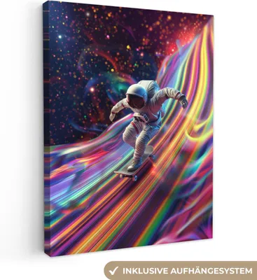 Produktbild von MuchoWow® - Leinwandbilder - Astronaut - Weltraum - Skateboard - Farbenfroh, Wandbild, Wanddeko Bilder Wohnzimmer, 60x80 cm