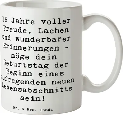 Produktbild von Mr. & Mrs. Panda Henkeltasse Spruch 16. Geburtstag Freude - Weiß - Geschenk, Becher, handgefertigte Geschenke, Feier, Kaffeetasse, Herz, Keramiktasse, Glückwunsch, Alter
