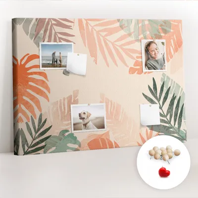 Obrázek produktu pro Korková nástěnka s kolíčky - Tabule s kolíky pro fotografie a poznámky - 100x70 cm - Připínáčky dřevěné 100 kusů - Botanické listy
