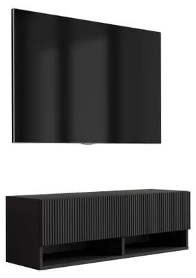 Image de Meuble TV avec façade rainurée, noir mat, 100 × 32 × 33,6 cm