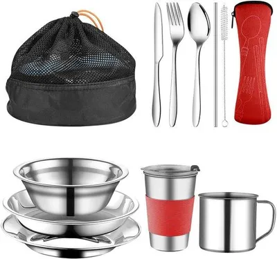 Productafbeelding van Ibenzoa® 10-delige camping bestekset van roestvrij staal – Buitenservies voor 1-2 personen, inclusief beker (met deksel en handvat), kom (16 cm) en borden (19,5/20,8 cm)