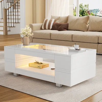 Produktbild von STILVORA Couchtisch Sofatisch LED-Beistelltisch mit Bluetooth-App-Steuerung,mit doppelschichtiger Hochglanz-Hohldesigntisch, Weiß