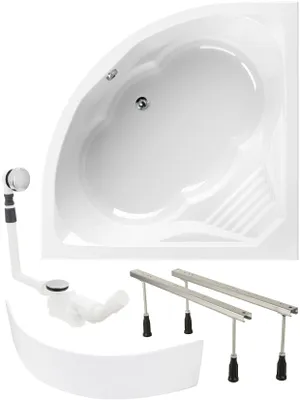 Zdjęcie produktu dla Kompletny zestaw wanny narożnej Calmwaters® 150 x 150 cm Curved Wellness, wyprodukowany w UE, wanna akrylowa 4 w 1 z fartuchem, nóżkami i zestawem odpływowym, wanna podwójna z wbudowanym siedziskiem, wanna narożna 150 x 150, biała