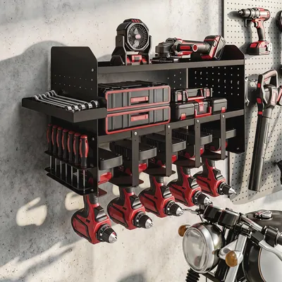 Produktbild von SUGIFT Gartenwerkzeug-Organizer 2-stufig Metall, Gartengeräte Ständer mit Haken & Seitenfach, Schwarz | 61,8 x 23 x 32,7 cm | bis 50 kg | 5,1 kg