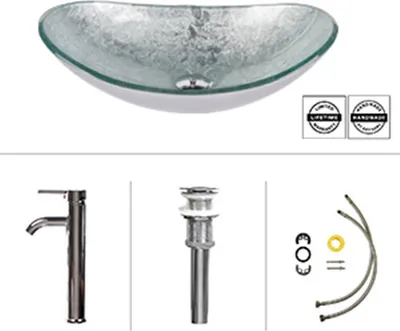 Produktbild von Puluomis Waschbecken Glas Aufsatzwaschbecken Waschschale Oval mit Wasserhahn Ablaufgarnitur Silber