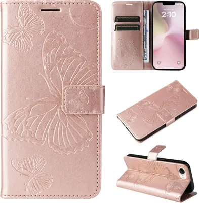 Produktbild von Mobigear Butterfly iPhone 16e Hülle Klapphülle Geldbörse - Roségold