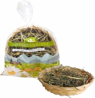 Produktbild von Bambuskorb gefüllt mit Bergwiesenheu natur, 20 x 8 cm, im Beutel