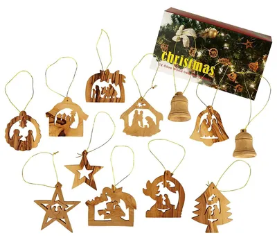 12 Weihnachtsornamente aus Olivenholz, Handarbeit, Natur