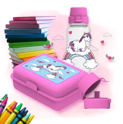 Produktbild von Kinder Schulset: Tritan Trinkflasche & Brotdose mit Trennschale, pink/transparent, Sonnensystem-Motiv, auslaufsicher, bruchsicher
