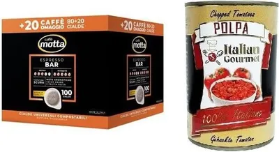 Produktbild von Caffè Motta Espresso Bar Cialde,Universelle Kompostierbare Kaffeepads,Traditioneller Neapolitanischer Espresso,Packung mit 80+20 + Italian Gourmet Polpa di Pomodoro 400g Dose