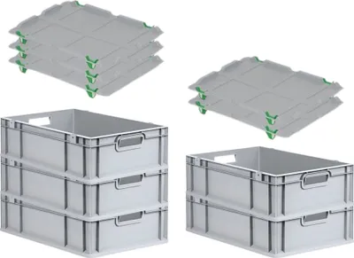 Produktbild von SuperSparSet 5x Eurobox NextGen Grip mit Auflagedeckel inkl. 4 grünen Schiebeschnappverschlüssen | HxBxT 17x40x60cm | 34 Liter | Grau | Griffe offen | Glatter Boden | Eurobehälter, Transportbox, Transportbehälter, Stapelbehälter