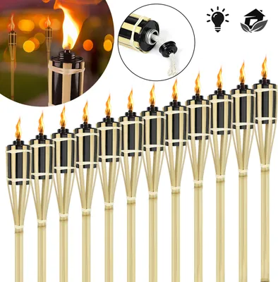 Image de XMTECH 12 pièces torches de jardin en bambou torches à huile pour l'extérieur 90cm de hauteur torches en bambou avec mèche lampe à huile décorative de jardin lampe de chemin