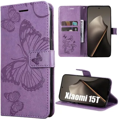 Image de Coque pour Xiaomi 15T, Flip Case Cuir Synthétique Antichoc Anti-Rayures Motif Papillon Violet