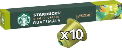 A box of Starbucks Single-Origin Guatemala coffee capsules for Nespresso, with one capsule shown in the foreground.