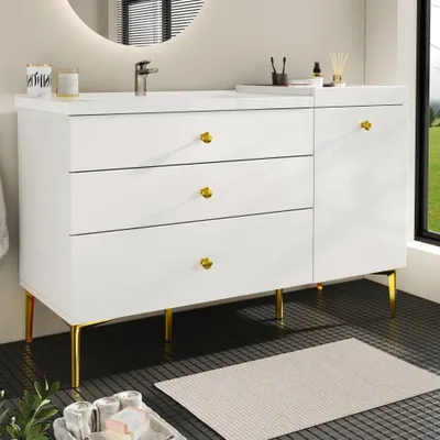 Zdjęcie produktu dla Nowoczesna biała szafka łazienkowa ze złotymi akcentami, szafka pod umywalkę z ceramicznym zlewem i szufladami, idealna do stylowych łazienek.
