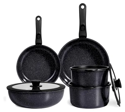 Produktbild von Topfset mit Abnehmbarem Griff, 11-teiliges Kochgeschirrset mit Antihaftbeschichtung, Induktionsgeeignet, Ofenfest, für Alle Herdarten, PTFE/PFOA-frei (Schwarz)