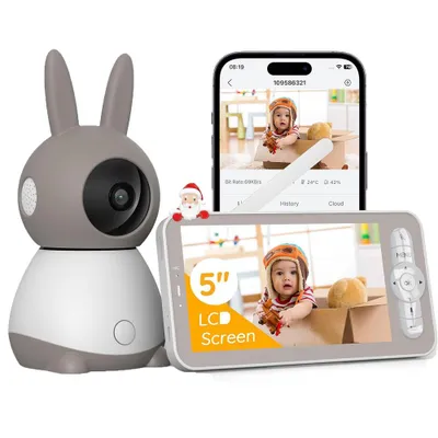 Obrázek produktu pro Dětská chůvička s kamerou 2K 5" WLAN video babyphone PTZ 360° IR noční vidění Automatické sledování Detekce pláče/pohybu/zvuku Zobrazení teploty
