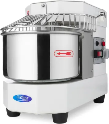 A white and silver dough mixer is shown from a three-quarter front view against a white background.