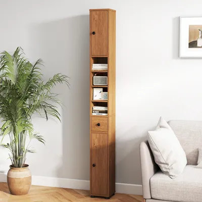 Produktbild von GOPLUS Badezimmerschrank hoch, Hochschrank mit Schublade, verstellbare Ablagen, offenes Fach, Badschrank schmal für Badezimmer, Wohnzimmer (Natur)
