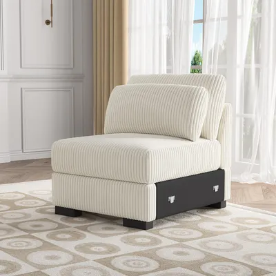 Image de Fauteuil lounge moderne de couleur crème avec rembourrage en velours côtelé et structure noire, confortable et élégant